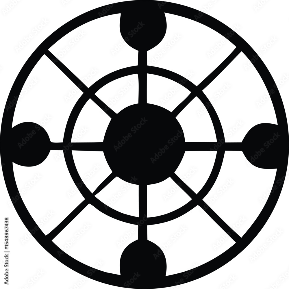 Poster abstract black and white circular design with concentric circles and spokes striking graphic featuri