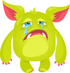 Whimsical illustration presents a light green cartoon monster, its large, expressive eyes welling up with blue tears as they stream down its face, conveying a sense of sadness and dejection