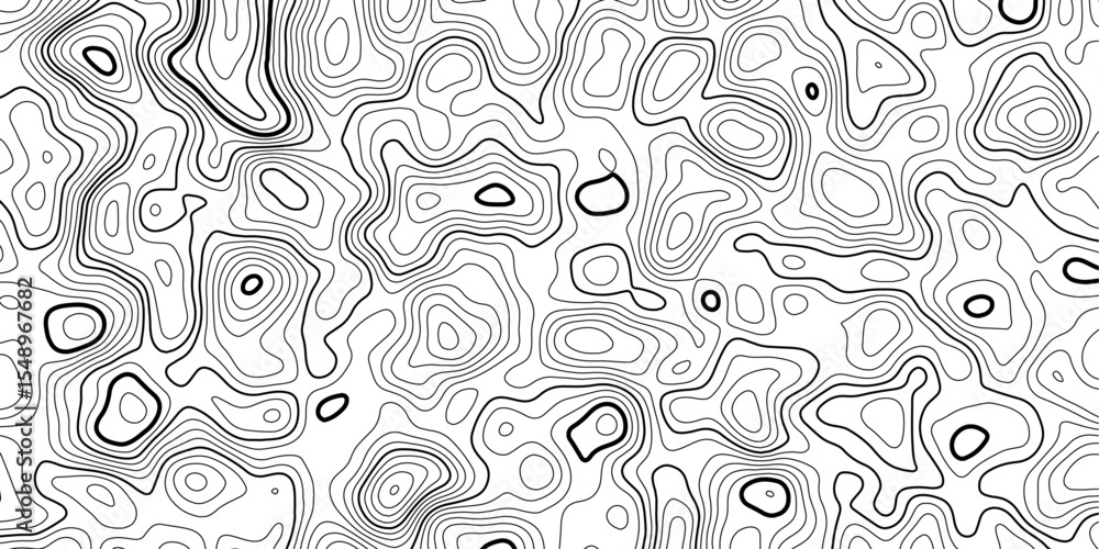 Poster abstract black and white terrain mapping with smooth topographic contour line design.