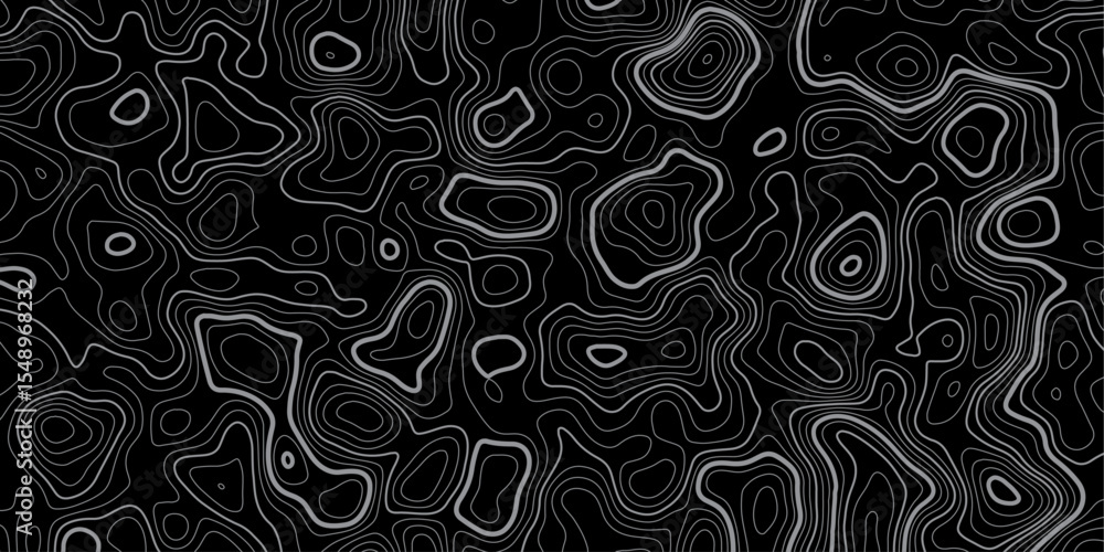 Poster dark abstract topographic background with 3d layered contour lines in black theme.