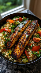 Fototapeta premium Pan-seared fish over seasoned rice with fresh vegetables. Two pieces of crispy pan-seared fish rest atop a bed of fluffy seasoned rice. Fresh cherry tomatoes and herbs garnish the dish
