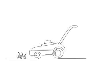 Continuous one line drawing of garden lawn mower. Lawn mower cutting grass outline illustration. Editable vector.