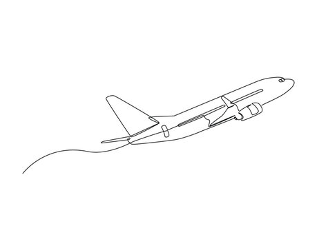 Continuous one line drawing of flying airbus or plane. Aeroplane fly outline illustration. Editable vector.