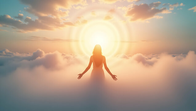 Spirit Guide A a figure surrounded by luminous energy under gentle morning sky with pastel tones, radiating warmth,