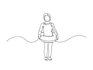 Continuous one line drawing of kid wearing swim ring. happy kid go to swimming outline illustration. Editable vector.