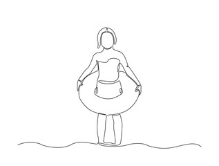 Continuous one line drawing of kid wearing swim ring. happy kid go to swimming outline illustration. Editable vector.