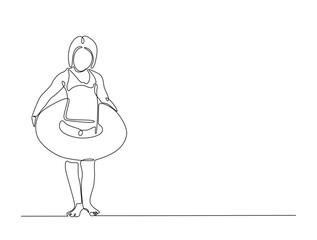 Continuous one line drawing of kid wearing swim ring. happy kid go to swimming outline illustration. Editable vector.
