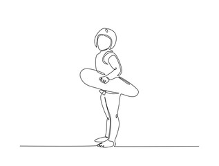 Continuous one line drawing of kid wearing swim ring. happy kid go to swimming outline illustration. Editable vector.