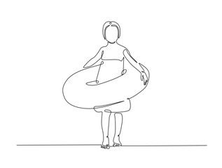 Continuous one line drawing of kid wearing swim ring. happy kid go to swimming outline illustration. Editable vector.