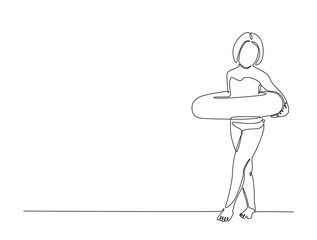 Continuous one line drawing of kid wearing swim ring. happy kid go to swimming outline illustration. Editable vector.