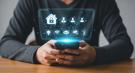 Man using smart home control app on smartphone with holographic interface for automation and security system management