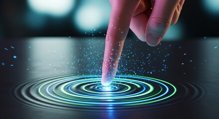 A finger touching a surface creating ripple effect with glowing particles and blue and green circles