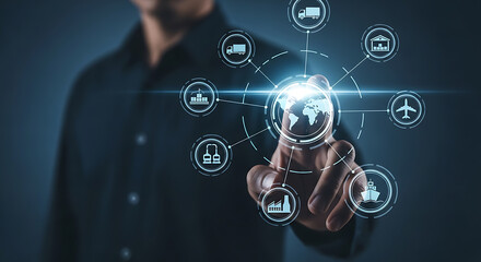 Global Logistics Network Management with Man Touching Digital Interface for Supply Chain and Distribution Solutions in Business