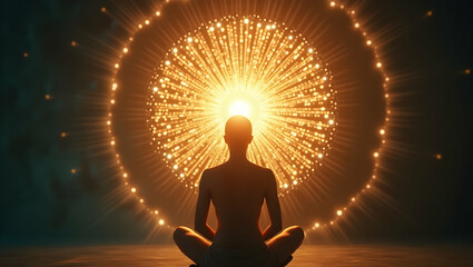 Spirit Guide A person with glowing heart center inside a reflective light dome, capturing the essence of healing, inner radiance, and universal presence