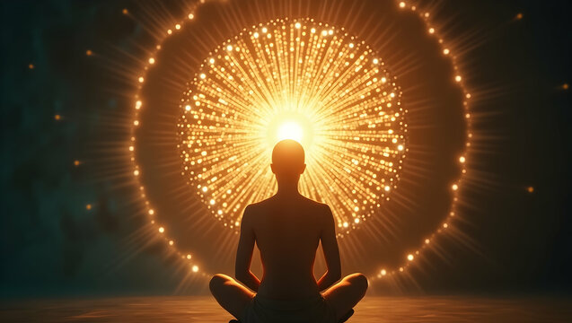 Spirit Guide A person with glowing heart center inside a reflective light dome, capturing the essence of healing, inner radiance, and universal presence