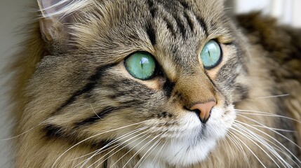 Close-up of a domestic cat with striking blue-green eyes and detailed fur texture