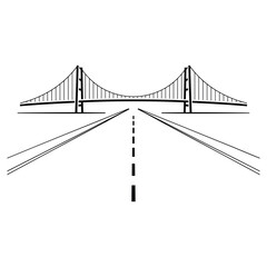 Suspension bridge over highway, minimalist black and white illustration