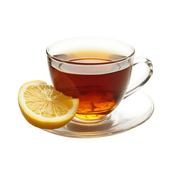 A clear glass cup filled with tea, accompanied by a slice of lemon on a saucer against a white background.
