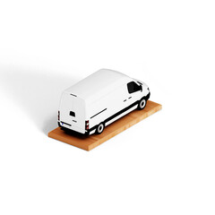 A white delivery van model displayed on a wooden base, showcasing its design and purpose for transport.