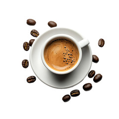 Fototapeta premium Top View of a Cup of Coffee with Surrounding Coffee Beans on a White Background