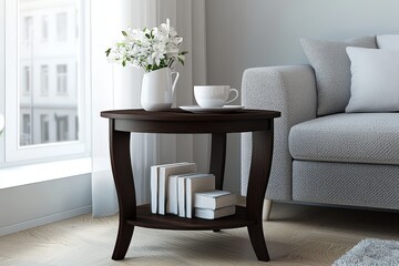 Dark brown wooden end table with curved legs and round top, open shelf, coffee cup, white flower vase, in front of grey sofa and light walls