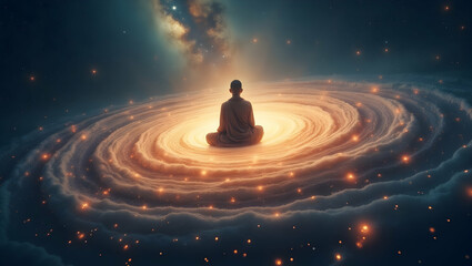 Spirit Guide Floating monk over galaxy spiral within a circle of ancient starlight, immersed in total cosmic stillness and spiritual alignment