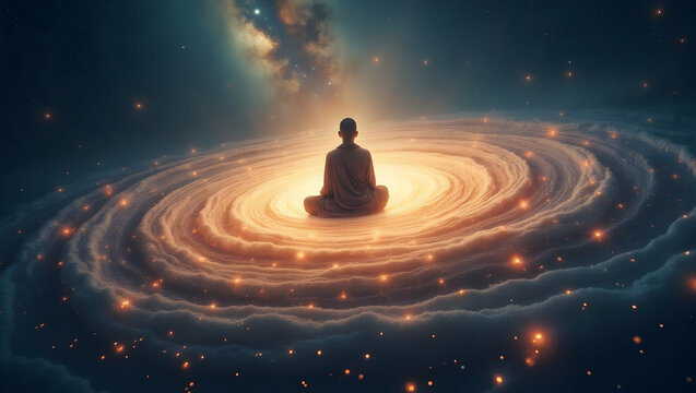 Spirit Guide Floating monk over galaxy spiral within a circle of ancient starlight, immersed in total cosmic stillness and spiritual alignment