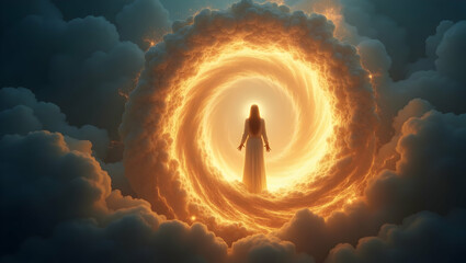 Spirit Guide Guiding light shaped like a person within a spiral of time and light, representing the silent wisdom and supportive presence of a spiritual guide