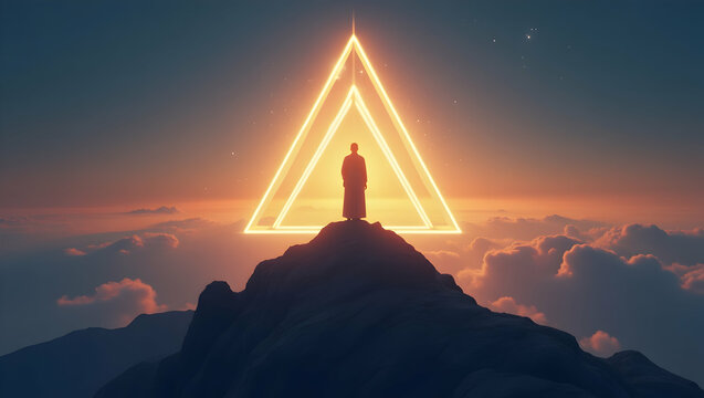 Spirit Guide Higher self outlined in golden geometry above a mountain peak at twilight, representing the silent wisdom and supportive presence of a spiritual 