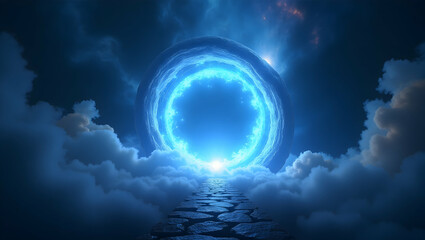 Spirit Guide Multi-ring portal with blue flame set against a swirling nebula sky, marking the moment of spiritual breakthrough and dimensional transition