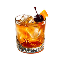 Classic Cocktail in a Glass with Ice, Cherry, and Orange Peel Garnish