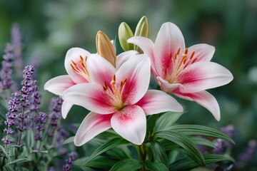 Naklejka premium Pink and white lilies blooming in a garden with lavender