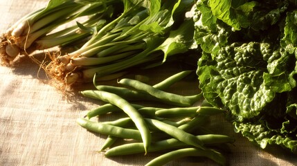 Locally Grown Beans and Greens on Linen Tablecloth under Golden Daylight