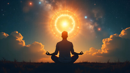 Spirit Guide Person meditating with radiant solar plexus with light extending into the universe, capturing the essence of healing, inner radiance, and universal pr