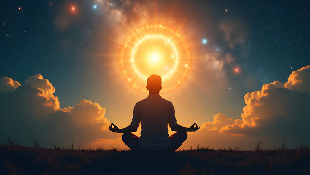 Spirit Guide Person meditating with radiant solar plexus with light extending into the universe, capturing the essence of healing, inner radiance, and universal pr