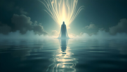 Spirit Guide Shapeless guide with flowing light trails appearing within a mirror of water, representing the silent wisdom and supportive presence of a spiritual 