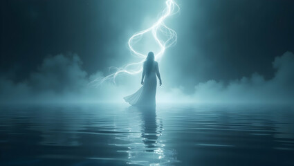 Spirit Guide Shapeless guide with flowing light trails appearing within a mirror of water, representing the silent wisdom and supportive presence of a spiritual gu 