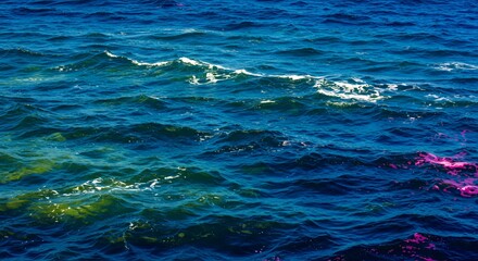 Deep Ocean Waves with Vibrant Pink Algae Blooms