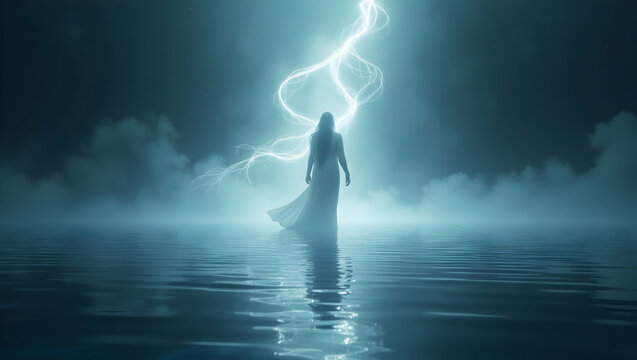 Spirit Guide Shapeless guide with flowing light trails appearing within a mirror of water, representing the silent wisdom and supportive presence of a spiritual gu 