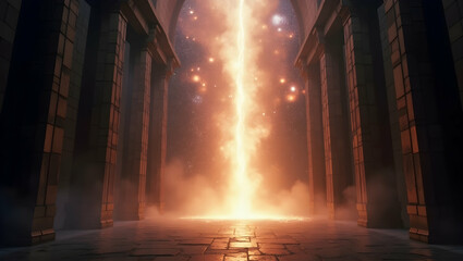 Spirit Guide Shimmering veil between worlds within a cosmic temple of light, marking the moment of spiritual breakthrough and dimensional transition