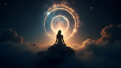 Spirit Guide Silhouette surrounded by planetary rings within a circle of ancient starlight, immersed in total cosmic stillness and spiritual alignment