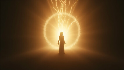 Spirit Guide Silhouette with inner light bursting out inside a reflective light dome, with radiant streams of light flowing outward, repr 