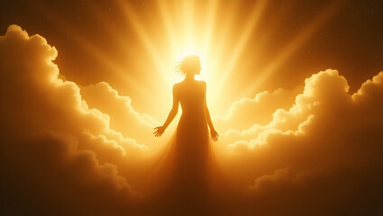Spirit Guide Silhouette with inner light bursting out surrounded by halos of soft golden waves, with radiant streams of light flowing outward, representing a spiri 