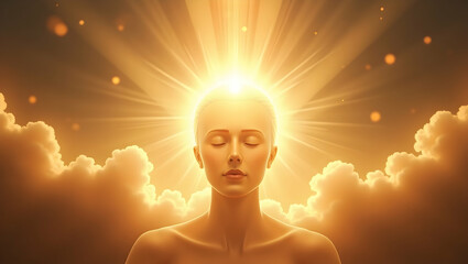 Spirit Guide Soft face illuminated from within surrounded by halos of soft golden waves, with radiant streams of light flowing outward, representing a spiritual 