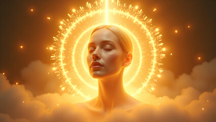 Spirit Guide Soft face illuminated from within surrounded by halos of soft golden waves, with radiant streams of light flowing outward, representing a spiritual aw 