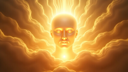Spirit Guide Soft face illuminated from within surrounded by halos of soft golden waves, with radiant streams of light flowing outward, representing a spiritual aw 