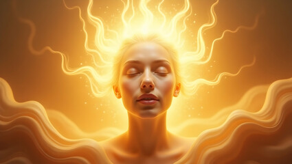 Spirit Guide Soft face illuminated from within surrounded by halos of soft golden waves, with radiant streams of light flowing outward, representing a spiritual aw