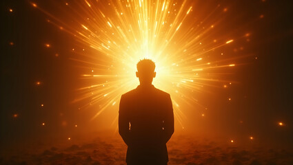 Spirit Guide Soul silhouette radiating clarity against a void filled only with warmth, with radiant streams of light flowing outward, representing a spiritual 