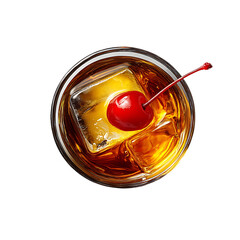 Top View of a Whiskey Cocktail with Ice Cube and Cherry