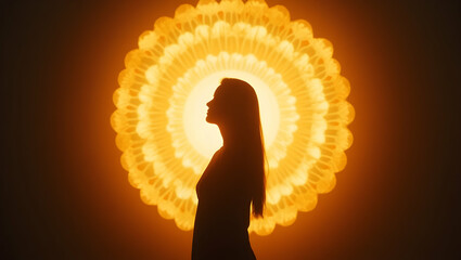 Spirit Guide Soul silhouette radiating clarity framed by aura rings in silence, capturing the essence of healing, inner radiance, and universal presence